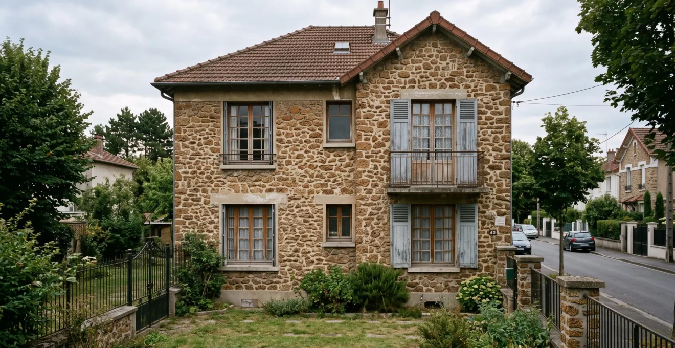 Façade d'une maison individuelle en pierre meulière typique du Val-de-Marne avant travaux d'isolation thermique par l'extérieur, texture rustique ocre-brun visible.