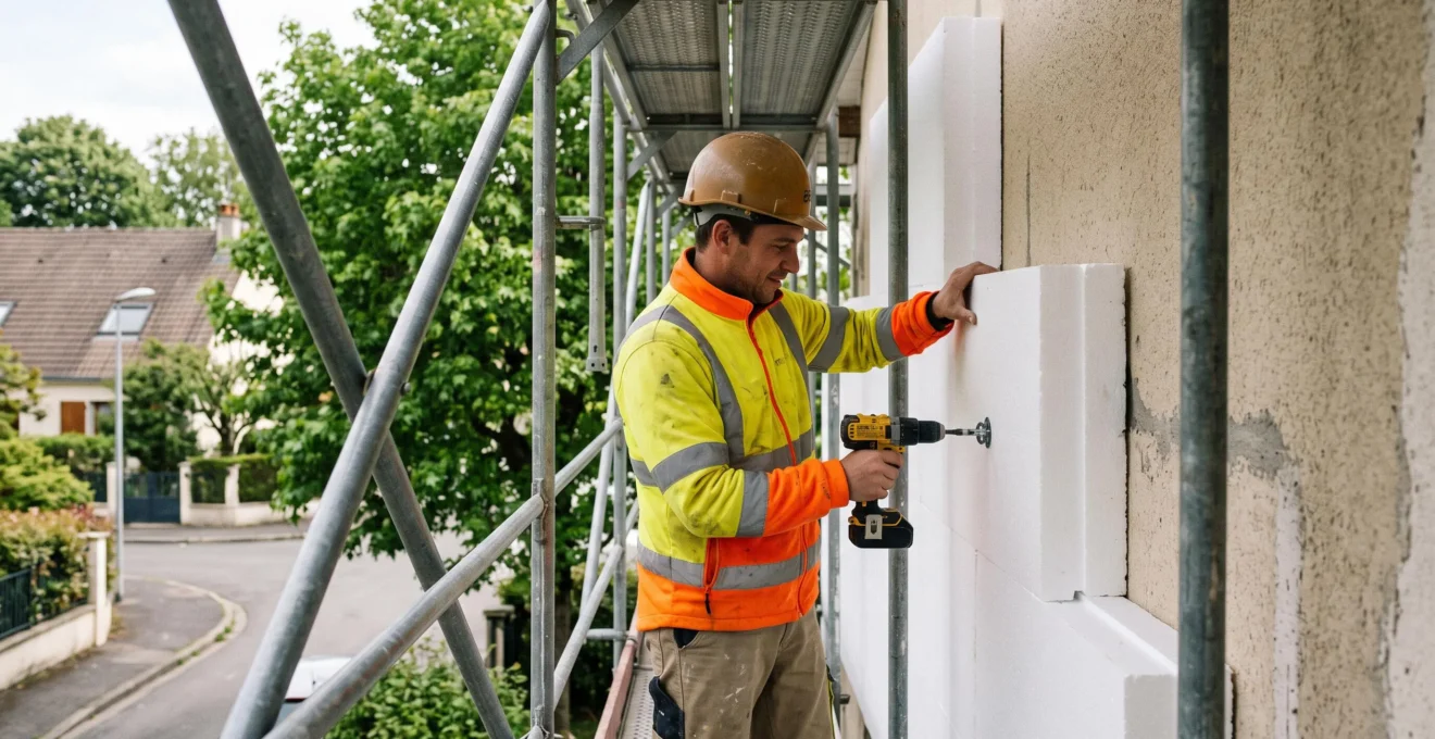 Façadier fixant des panneaux isolants en polystyrène expansé blanc sur la façade d'un pavillon résidentiel, échafaudage métallique visible, chantier d'isolation thermique par l'extérieur en cours dans le Val-de-Marne.