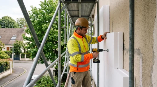 Façadier fixant des panneaux isolants en polystyrène expansé blanc sur la façade d'un pavillon résidentiel, échafaudage métallique visible, chantier d'isolation thermique par l'extérieur en cours dans le Val-de-Marne.