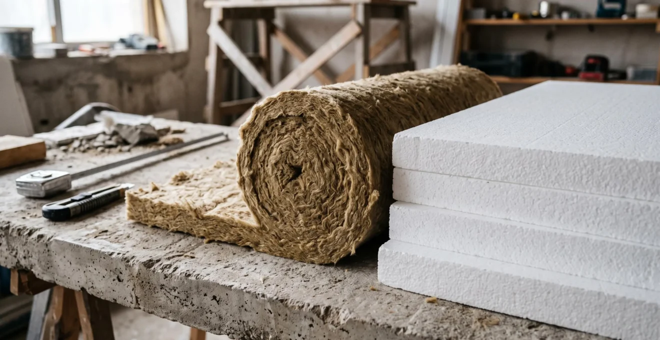 Rouleau de laine de roche minérale déroulé montrant sa texture fibreuse ocre-marron et panneaux de polystyrène expansé blanc empilés sur une surface de travail de chantier, matériaux isolants pour ITE.